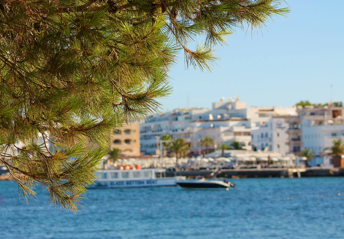 Ibiza Villas 2000 - View of Es Caná village from the water, with boats and pine trees in the foreground Ibiza Villas 2000 - View of Es Caná village from the water, with boats and pine trees in the foreground